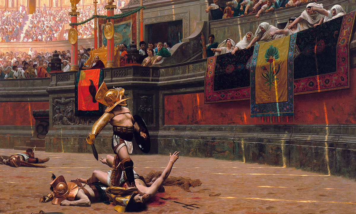 Détail du tableau "Pollice Verso" de Jean-Léon Gérôme (1872) : le public fait le signe de mise à mort au gladiateur dans l'arène